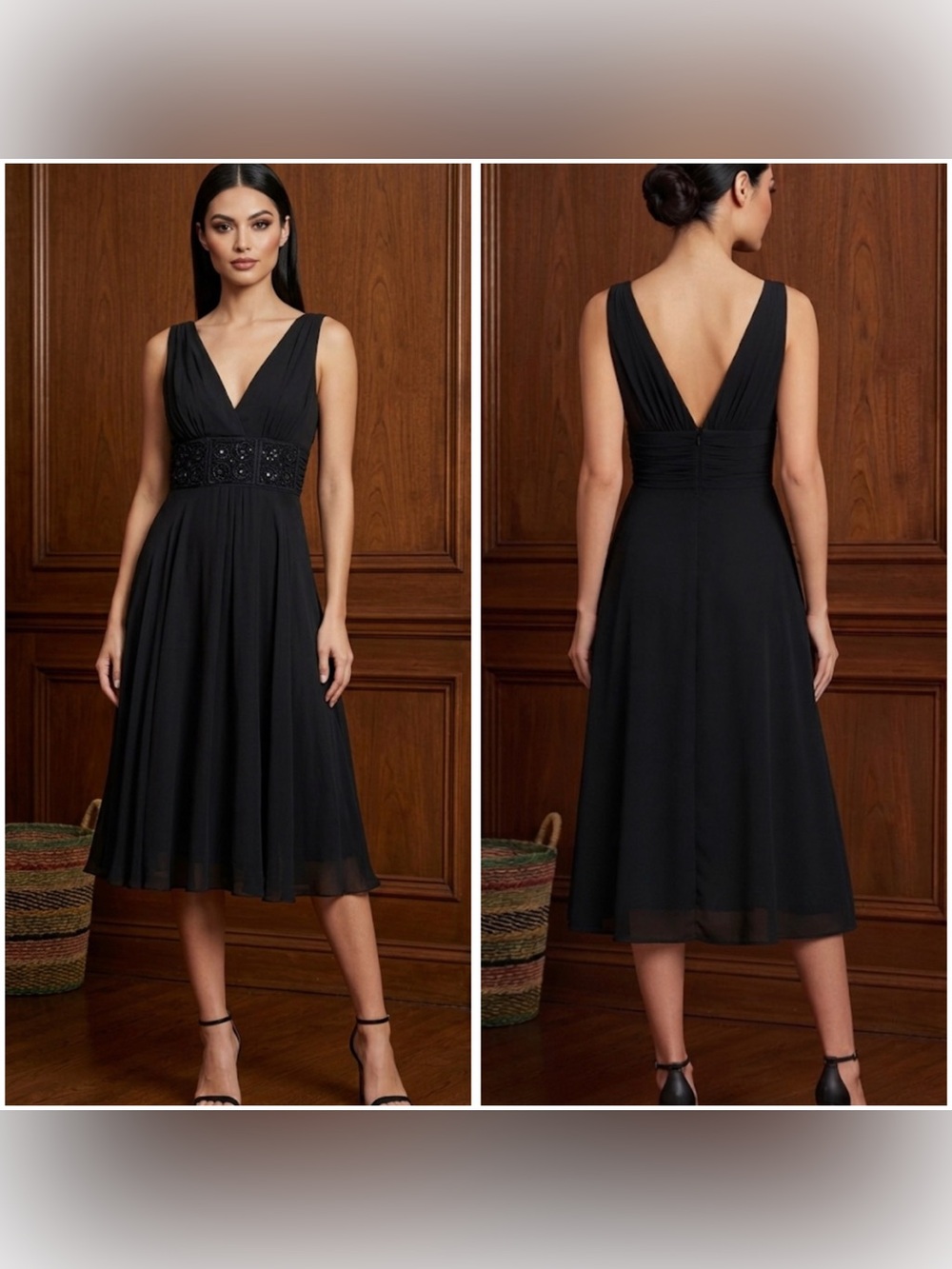 Like New Max & Cleo 100% Silk Black Formal Dress with Beaded Waist Detail Size 8